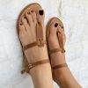 Leather T Strap Sandals Slingback Waxed Brown Color