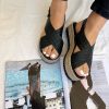 Black Leather Platform Sandals Criss Cross Wedges Espadrille