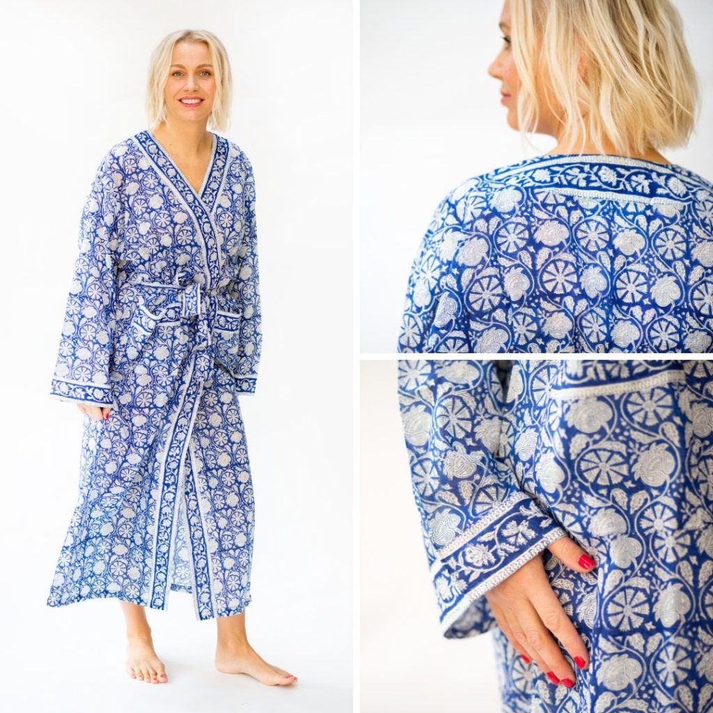 Long Hand Block Print Kimono Robe In Blue