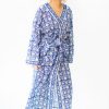 Long Hand Block Print Kimono Robe In Blue
