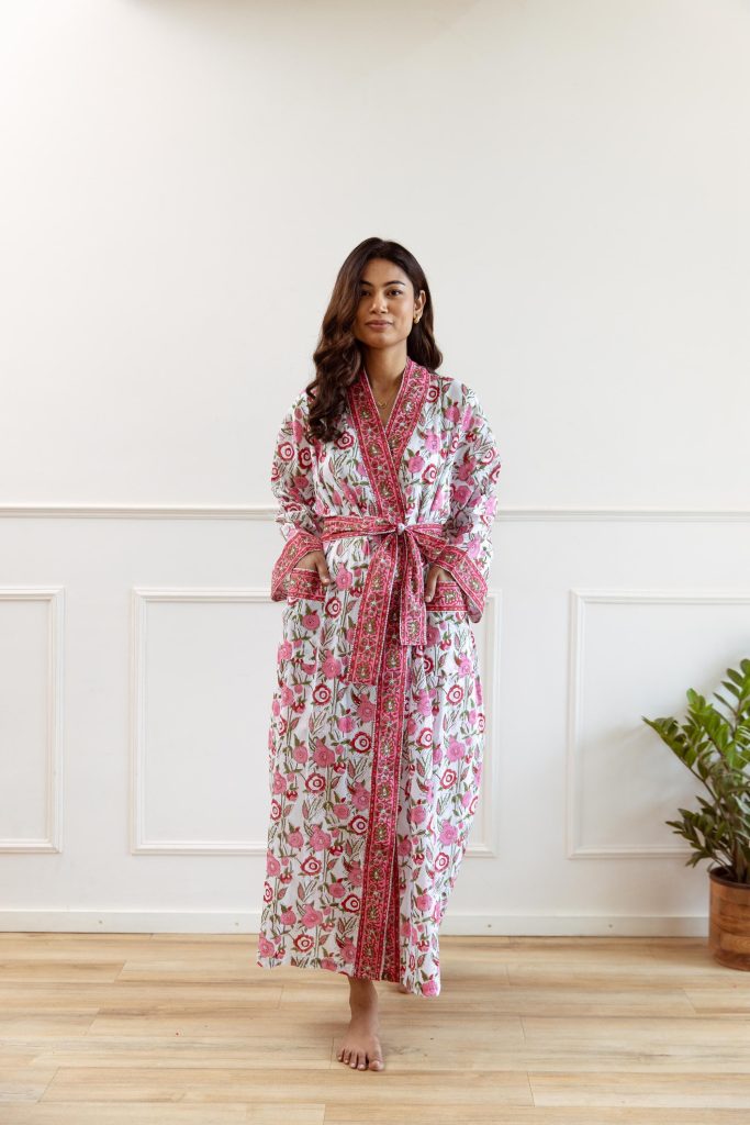 Long Hand Block Print Kimono Robe In Vibrant