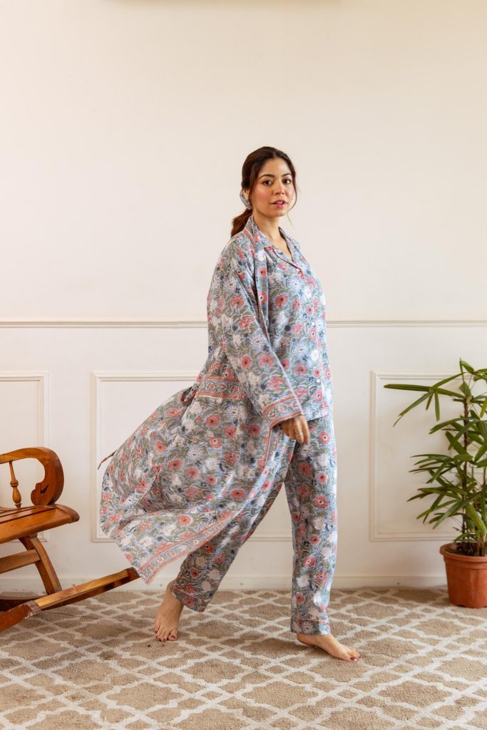 Long Hand Block Print Kimono Robe In Meadow