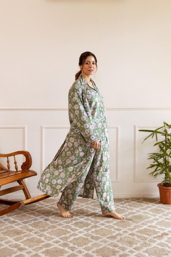 Long Hand Block Print Kimono Robe In Dusky